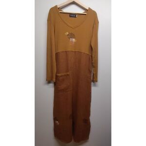 Fenini Maxi Dress Women Size S Brown Cotton Linen Long Sleeve Vintage Bohemian